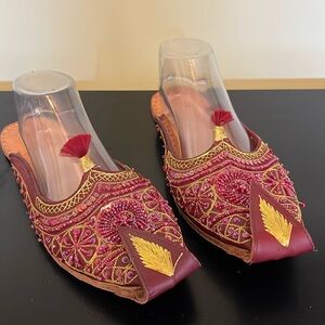 Vintage Arabian Mughal Leather Shoes with Gold Embroidered Curled Toe